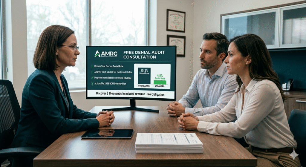 AMRG billing consultant conducting free denial audit for US private medical practice