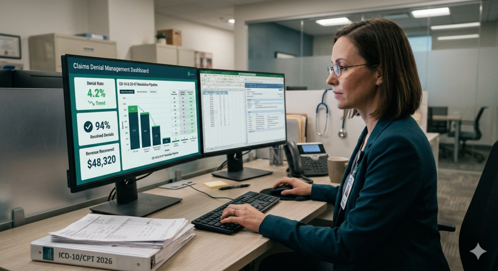 Medical billing specialist reviewing denial codes and appeal documentation for private practice