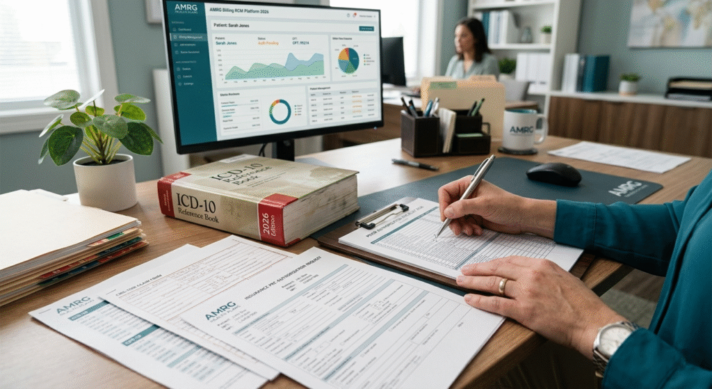 Healthcare administrator manually reviewing prior authorization forms and insurance documents representing RCM challenges for private practices in 2026