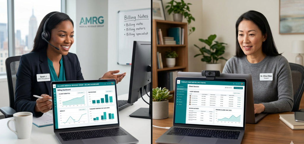 AMRG billing specialist conducting mental health billing consultation with private practice therapist reviewing CPT code performance