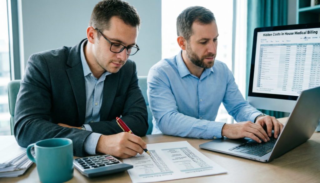 Hidden cost analysis spreadsheet showing true expenses of in-house medical billing including salary benefits training and turnover costs