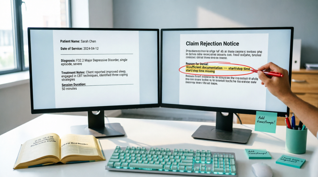 Billing specialist identifying documentation error causing mental health claim denial showing missing session start stop times